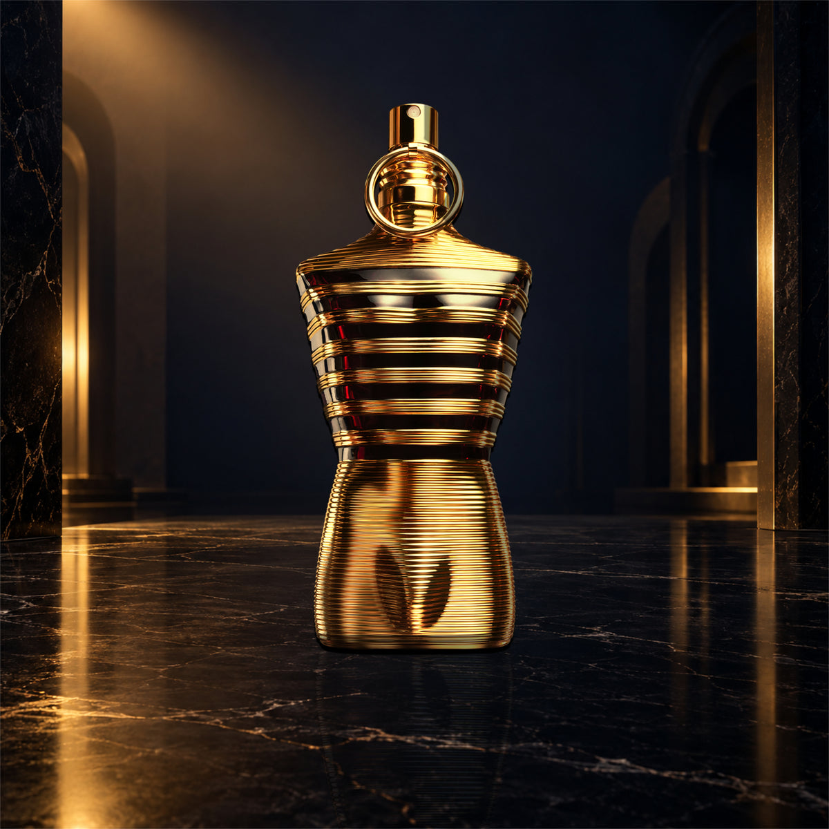 Jean Paul Gaultier Le Male Elixir Parfum 4.2 oz bottle on a dark navy and gold background